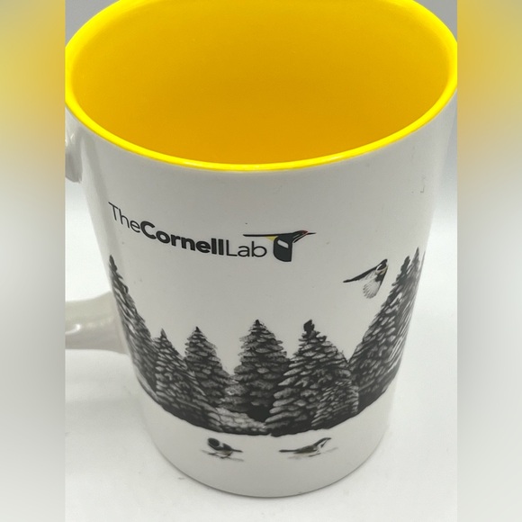 The Cornell Lab Black Chickadee Bird Pine Tree White Yellow Coffee Tea Mug 16 oz - Picture 5 of 11